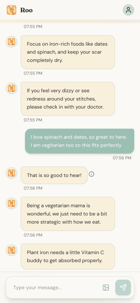 Roo AI App Chat Interface showing doctor verified answers